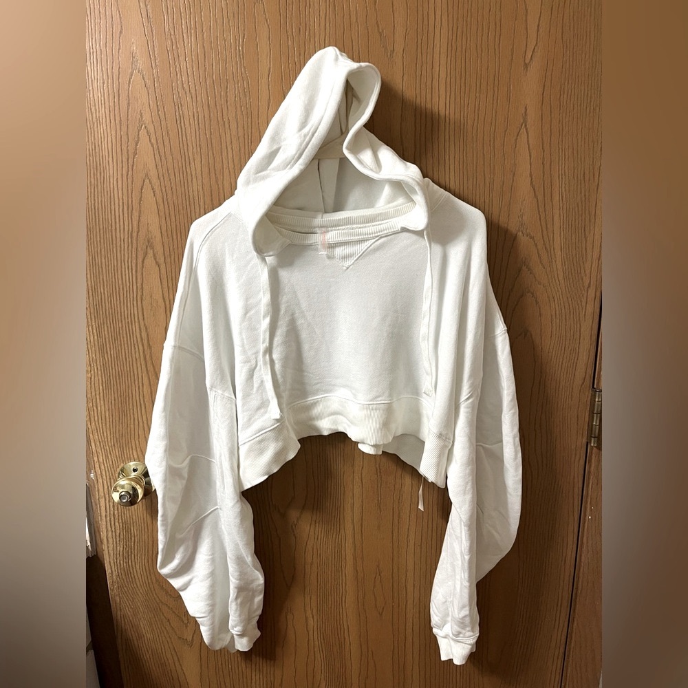 Free People Movement Catch Up Cropped Hoodie Oversized Raw Rib Knit Trim White